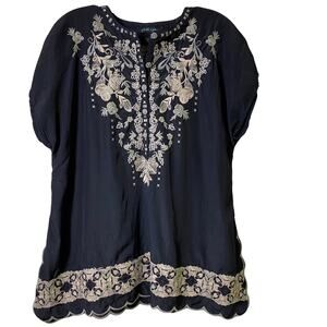 Faith & Zoe Sleeveless Navy Floral Embroidered Top Sz S (2494)
